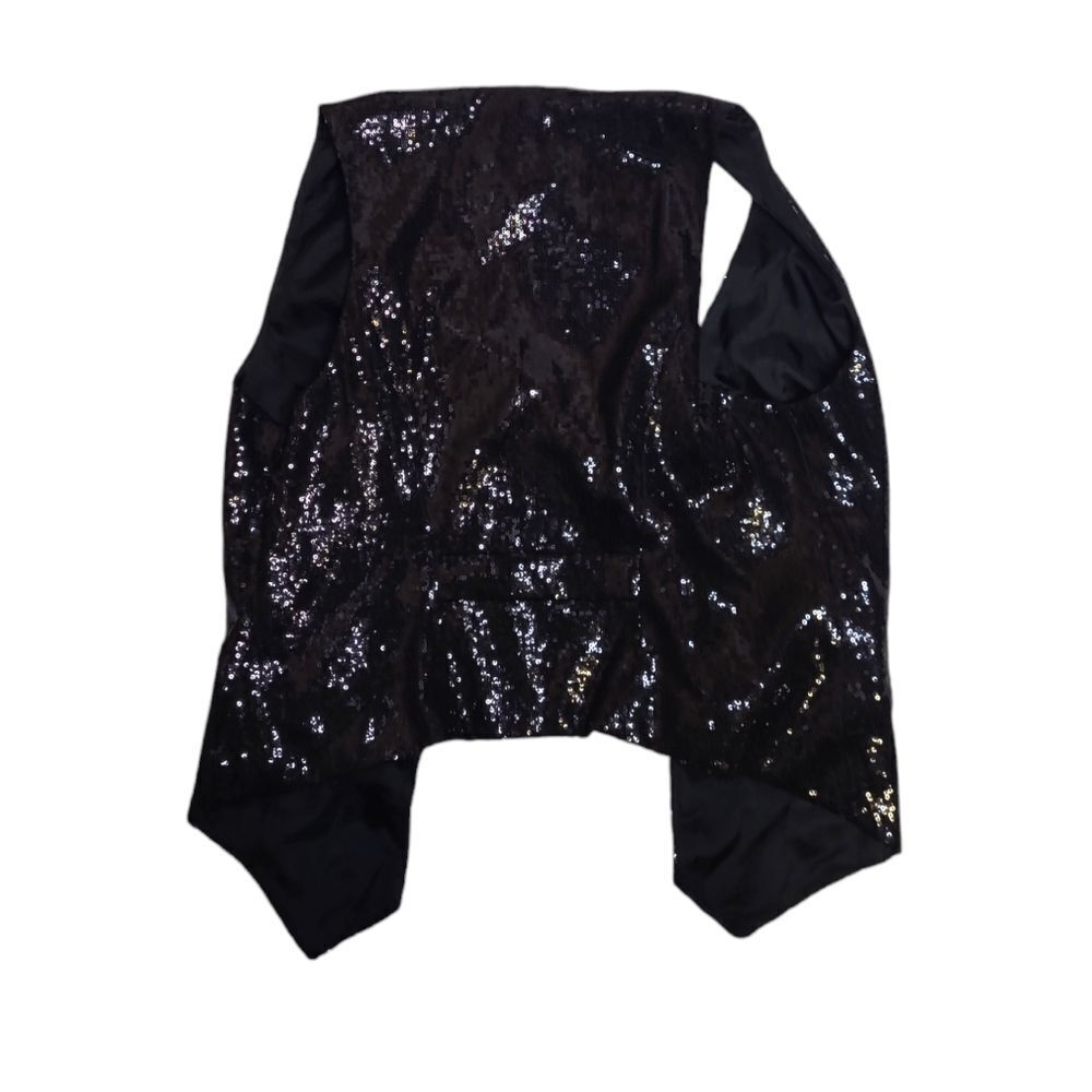 VINTAGE 90s black sequin open front bling drapey vest S/M - Picture 3 of 7